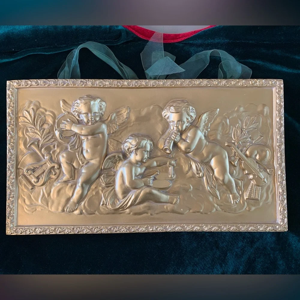 Vintage Gold Eros Musical Cherub Wall Hanging (Approx. 16" x 9") - Picture 2 of 9